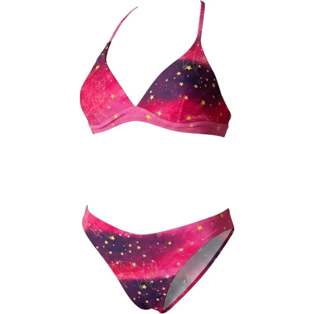 Celestial Cosmic Purple Pink Galaxy Bikini Set w/ White Crochet CoverUp Skirt XS